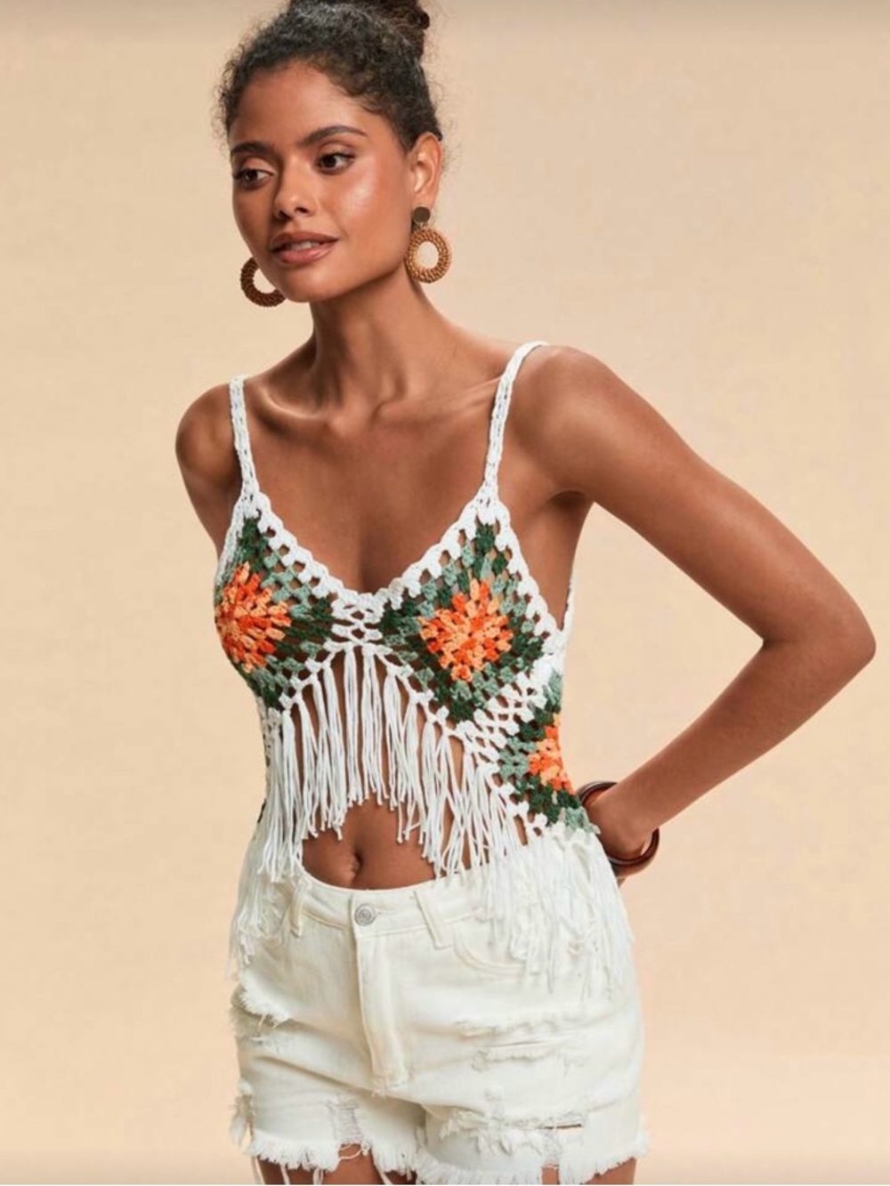 Boho Crochet Fringe Cami Top - White with Orange & Green Accents